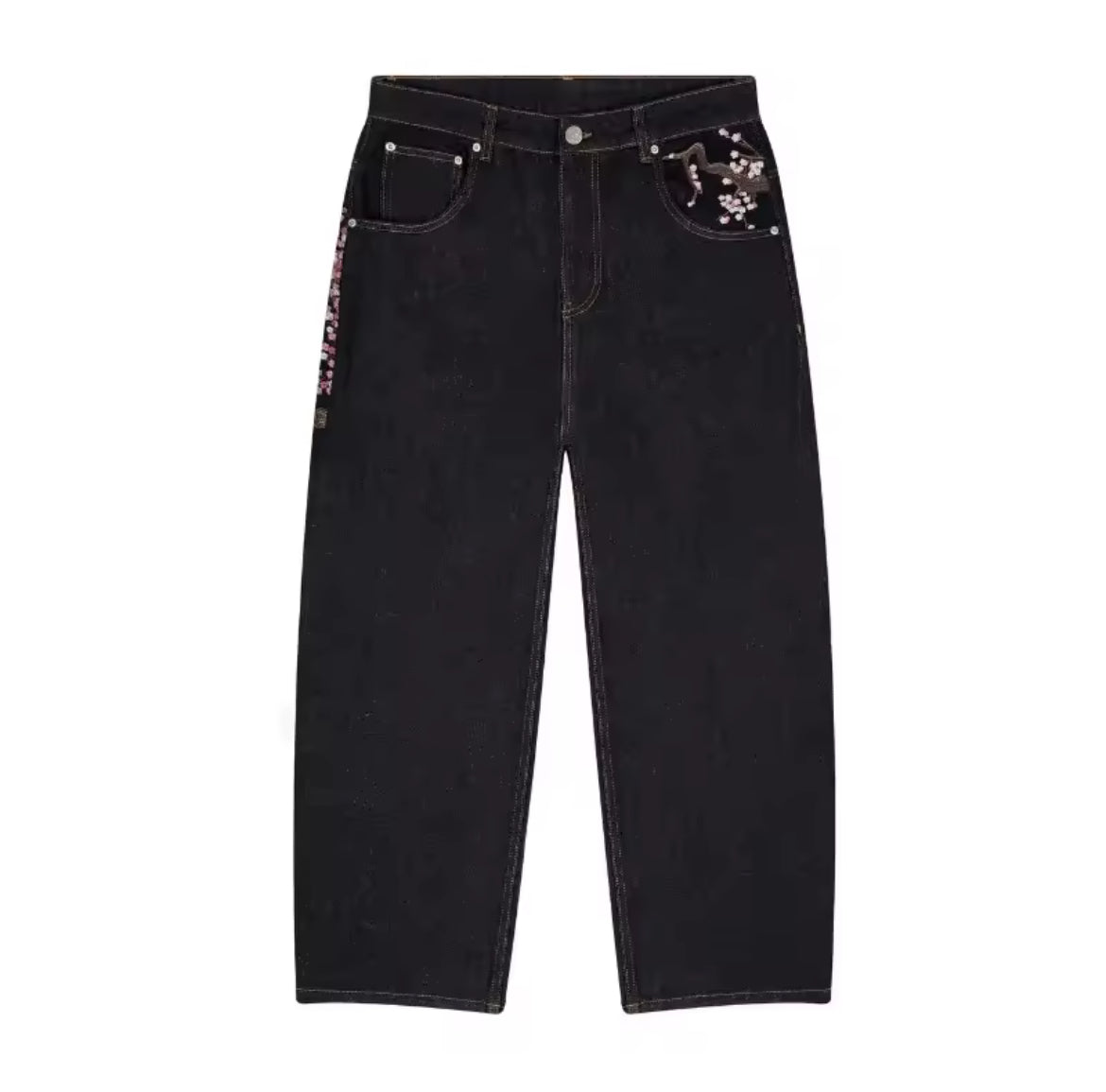 Cherry Blossom Embroidered Jeans – Black Denim Street Fit