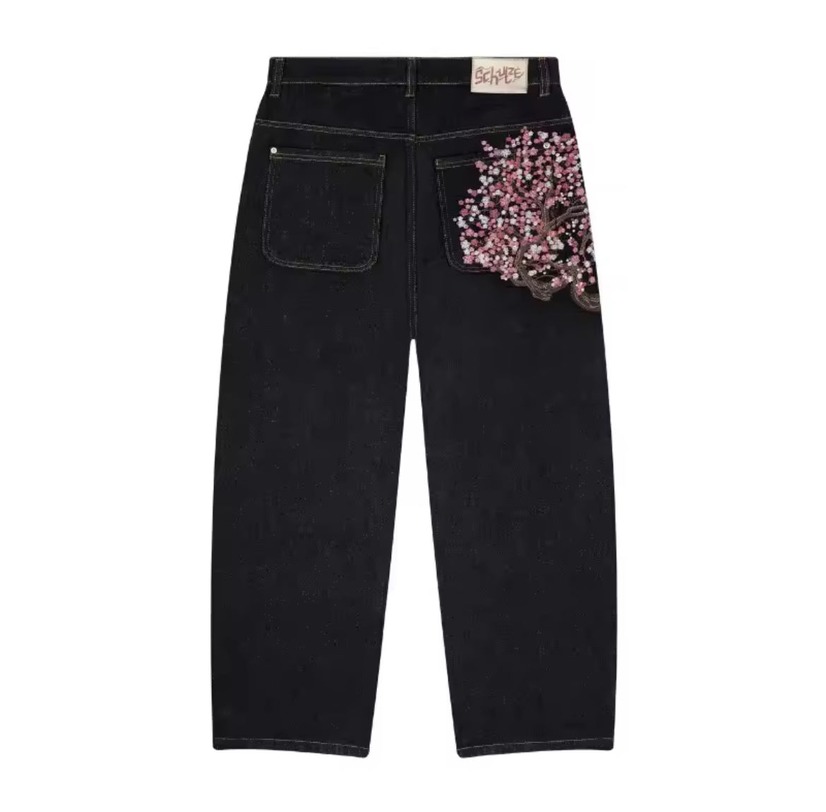 Cherry Blossom Embroidered Jeans – Black Denim Street Fit