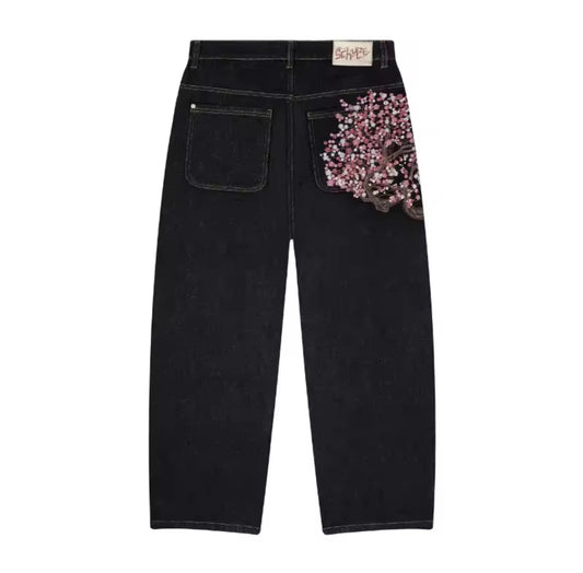 Cherry Blossom Embroidered Jeans – Black Denim Street Fit