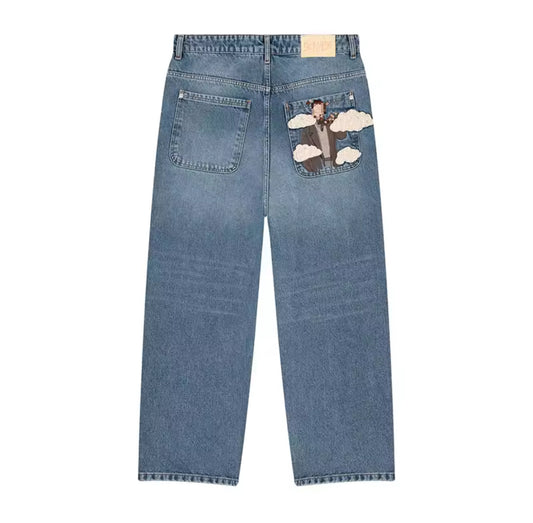 Vintage Straight Leg Jeans with Pixel Art & Cloud Embroidery