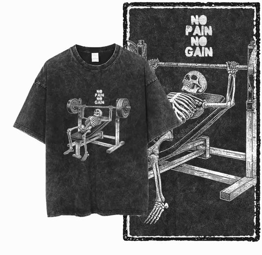 NO PAIN NO GAIN Incline Bench design Acid Washed T-Shirt