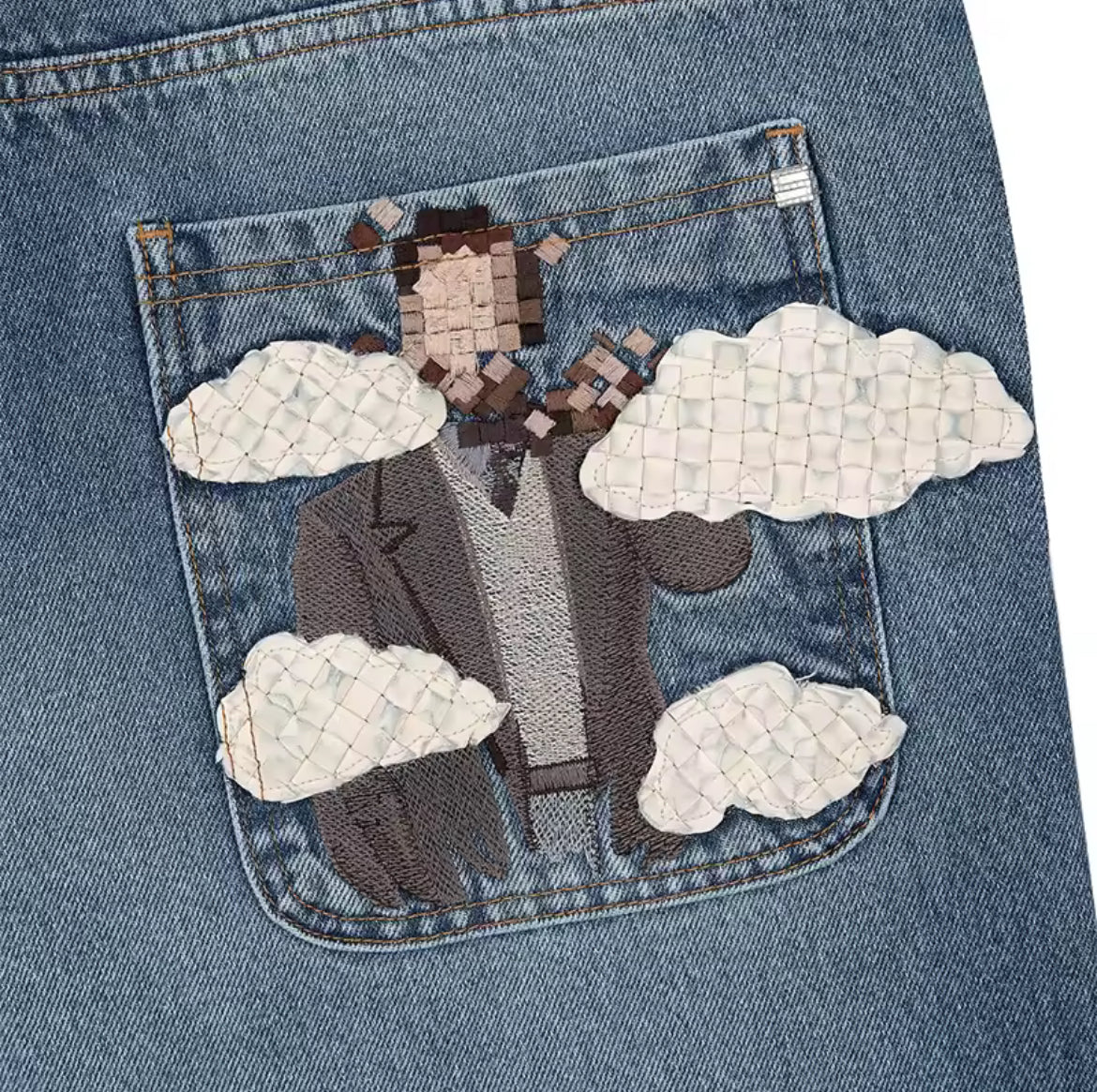 Vintage Straight Leg Jeans with Pixel Art & Cloud Embroidery