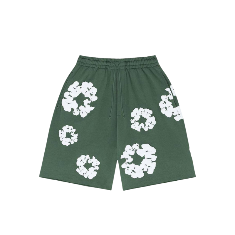 Blooming Flowers Fleece Shorts - Forest Green